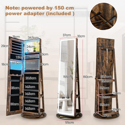 360° Swivel Jewelry Cabinet with LED Lights, Foldable Shelf