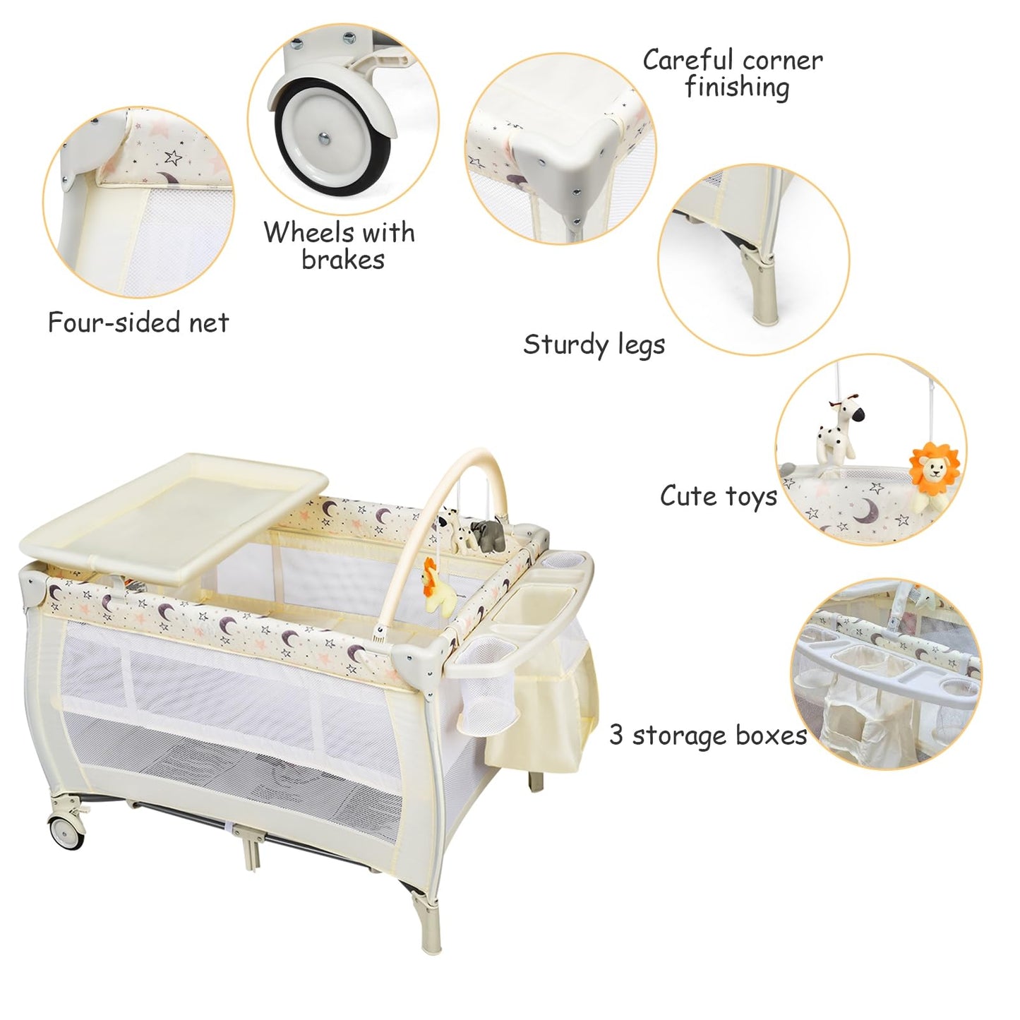 3 in 1 Convertible Bassinet Cot with Changing Table and Toy Bar