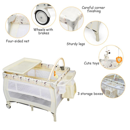 3 in 1 Convertible Bassinet Cot with Changing Table and Toy Bar