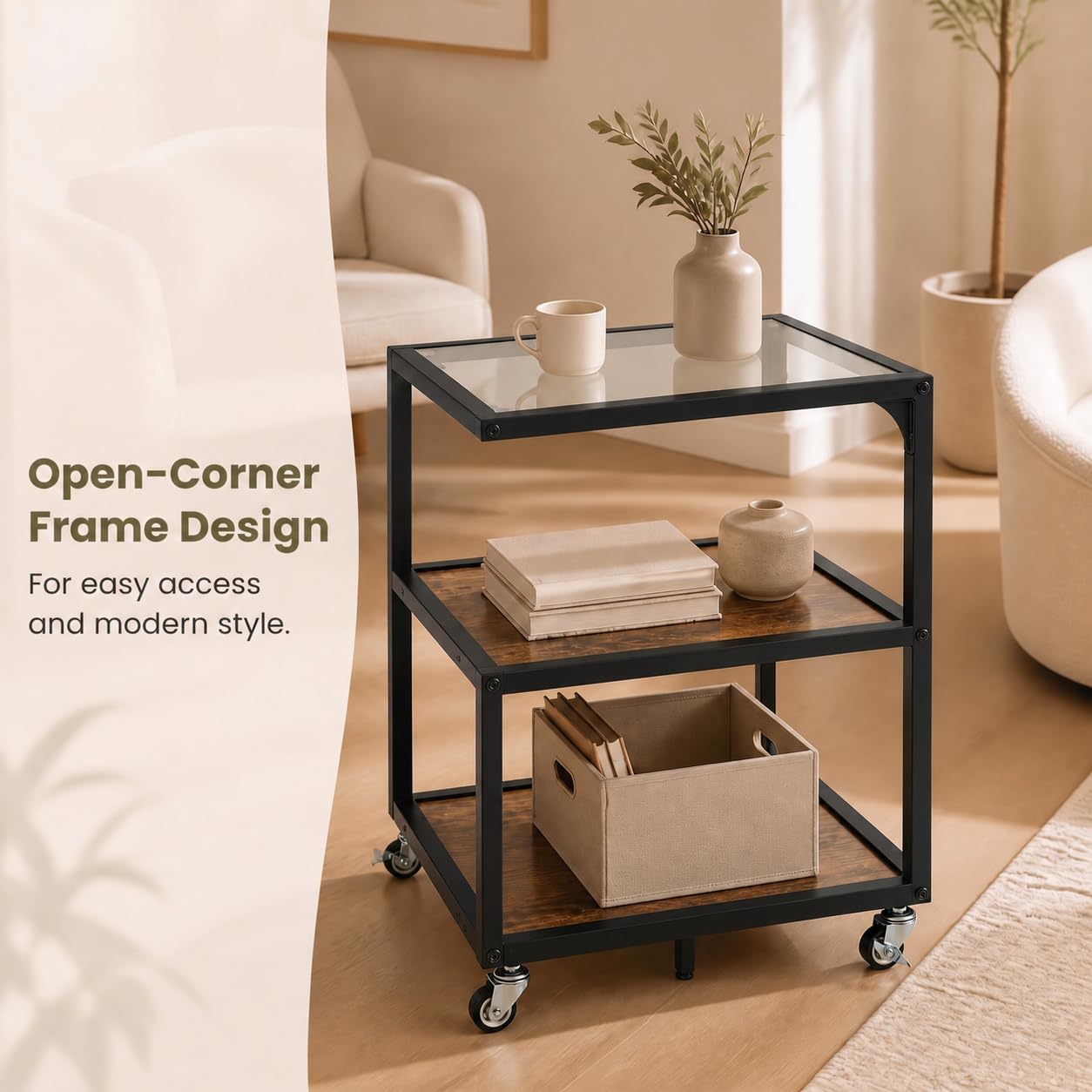 Rolling Side Table, 3-Tier Mobile End Table