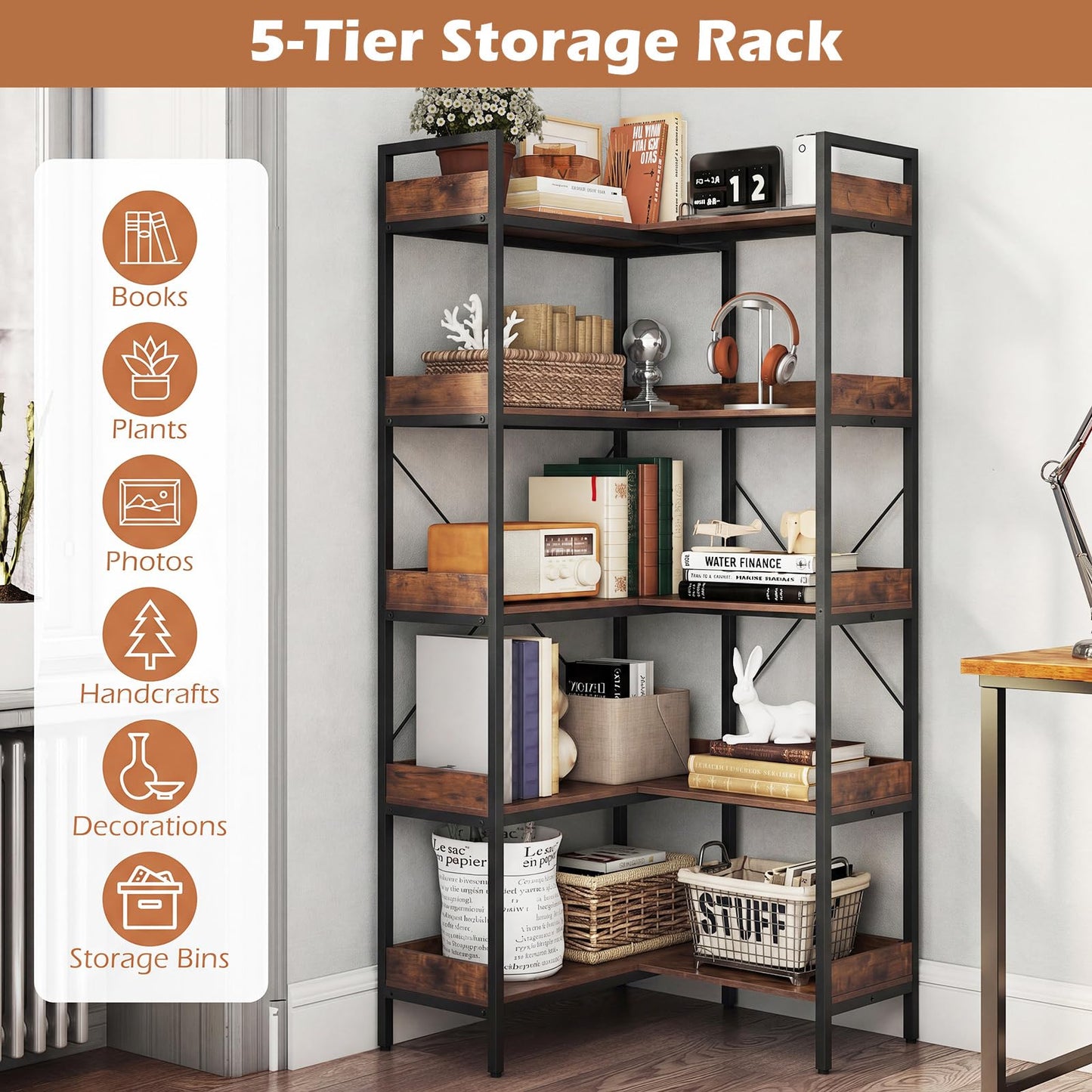 5-Tier Corner Bookshelf, 113cm Convertible L-shaped Bookcase
