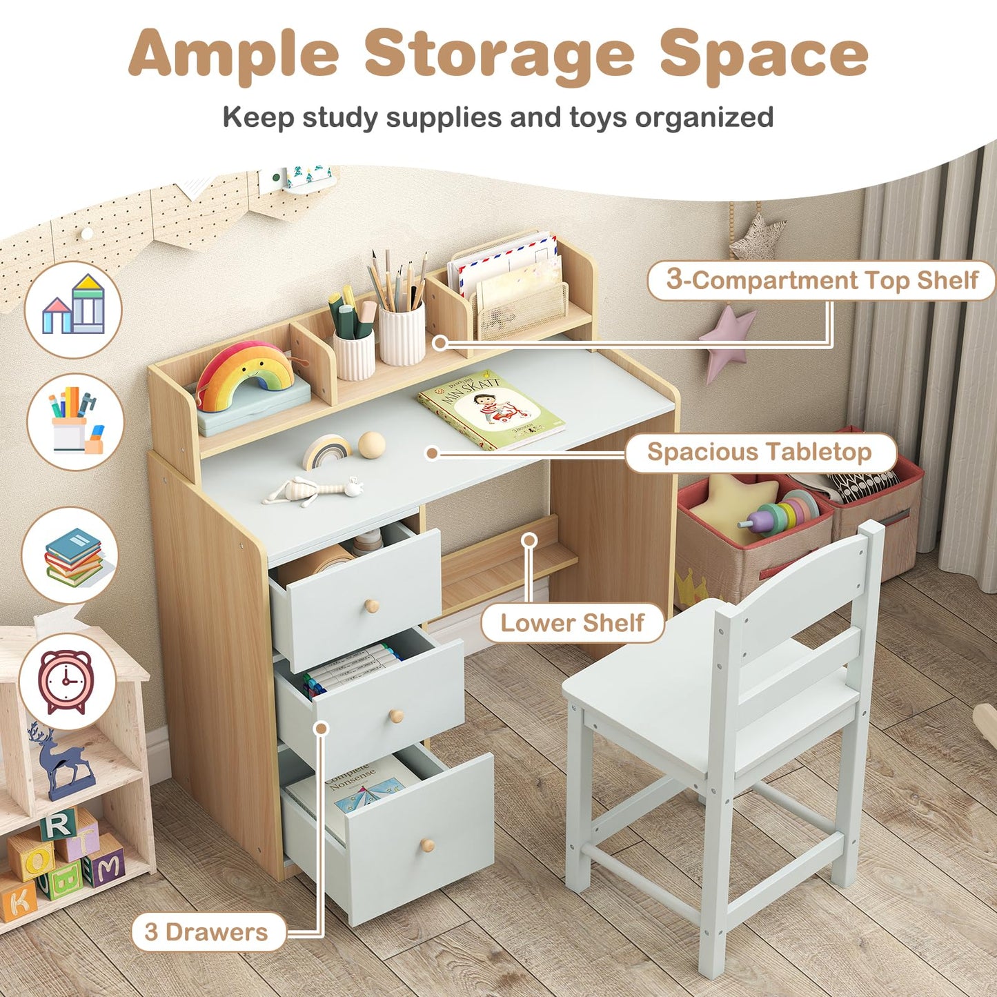 Kids Table and Chair Set, Wooden Children Desk and Chair with 3 Drawers