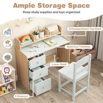 Kids Table and Chair Set, Wooden Children Desk and Chair with 3 Drawers