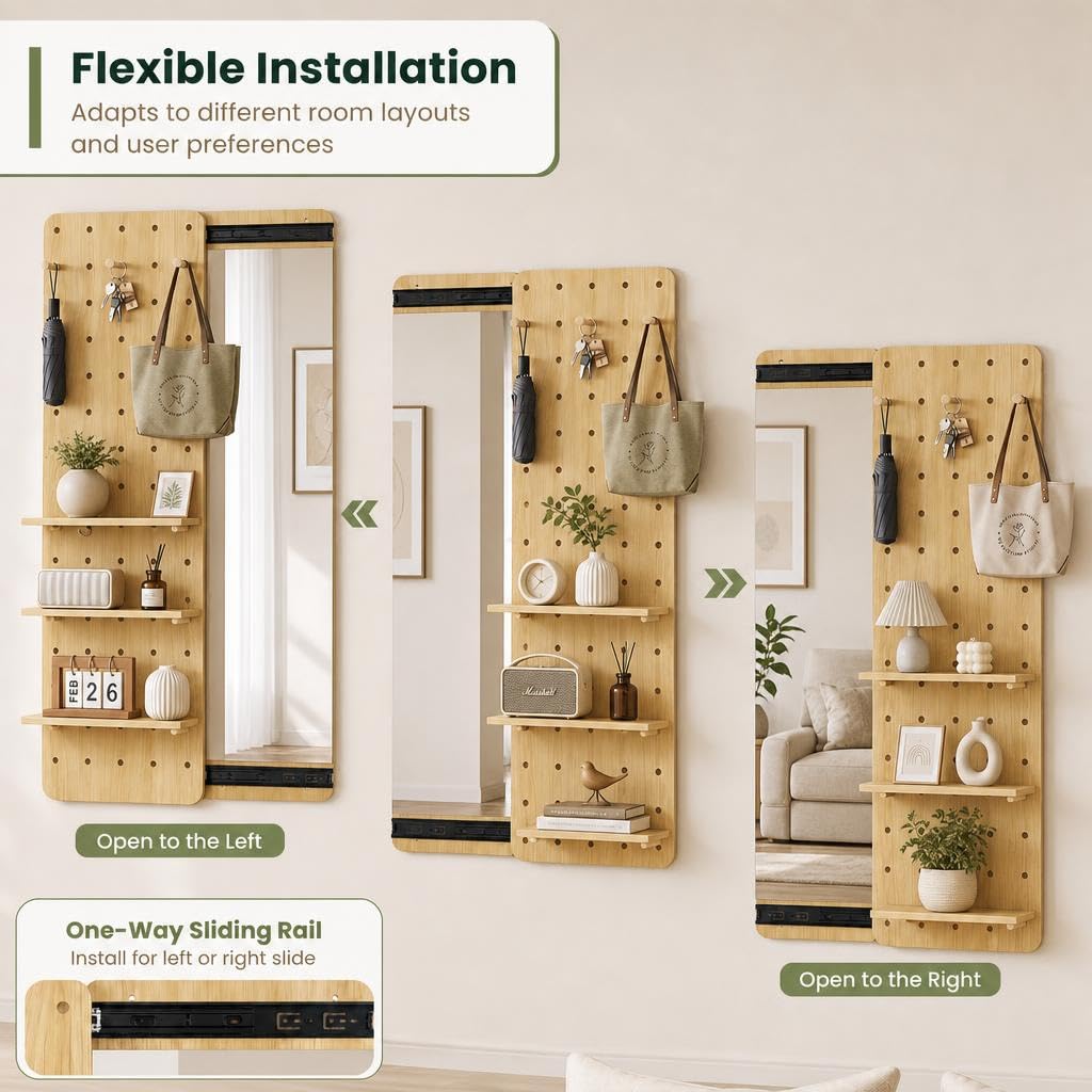 Wall Mounted Full Body Mirror with Sliding Pegboard Storage