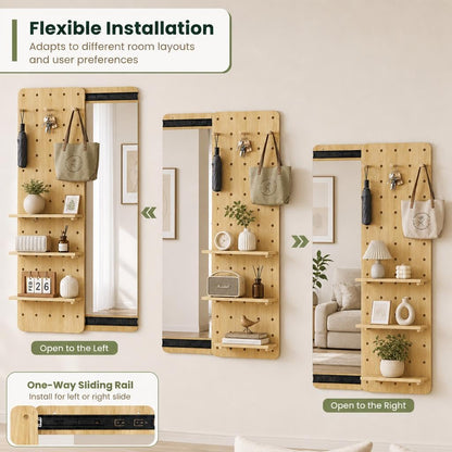 Wall Mounted Full Body Mirror with Sliding Pegboard Storage