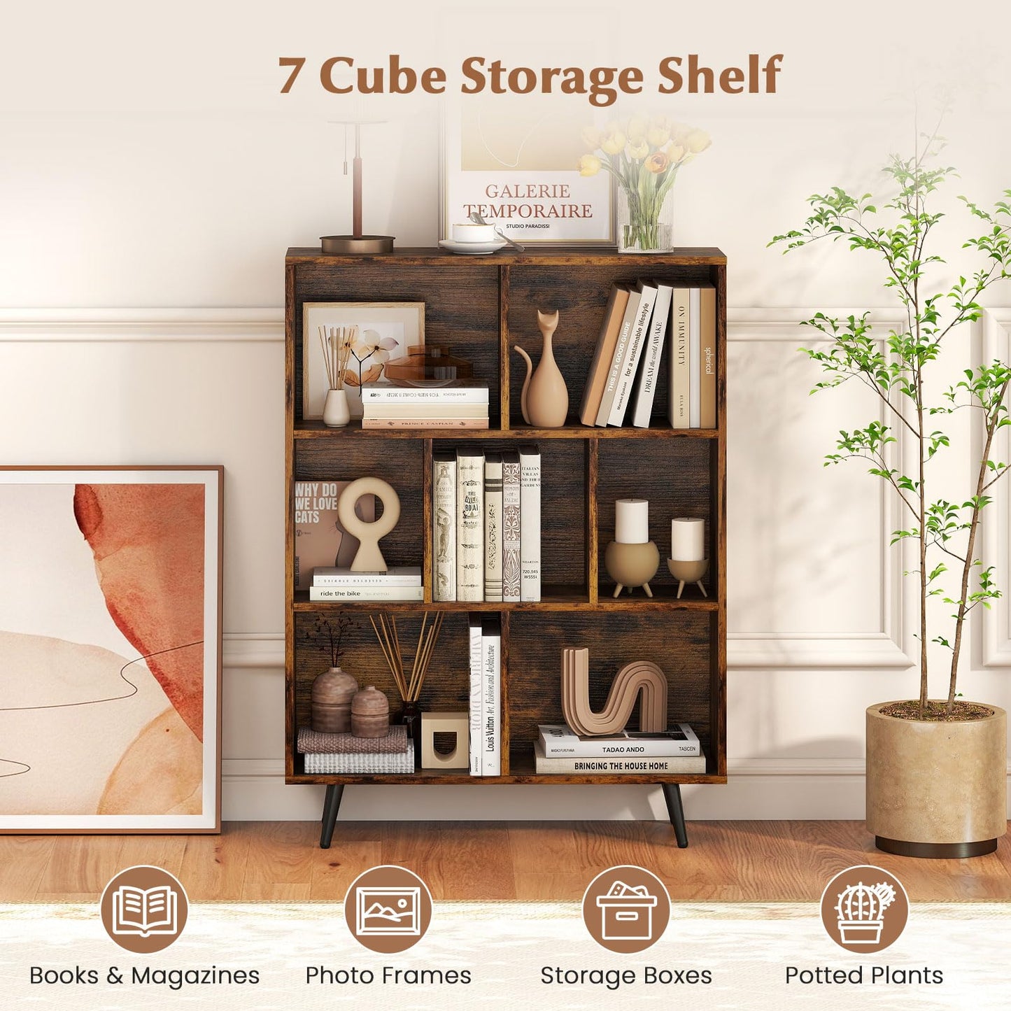 Bookcase 80/100/120/140 CM Storage Organizer with 4/5/5/5 Tapered Metal Legs