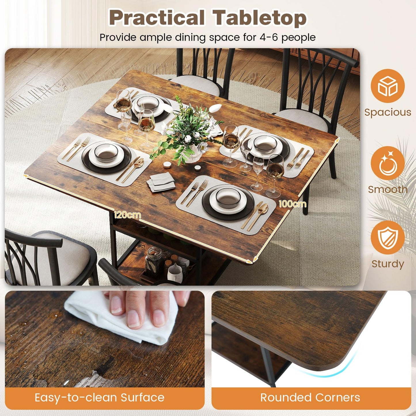 Dining Table for 4-6 Rectangular Dining Table with 2 Open Storage Shelves