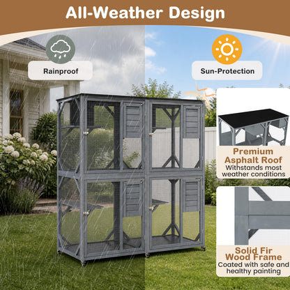 Spacious Fir Wood Outdoor Cat Enclosure with 2 Rest Nooks and 4 Activity Platforms