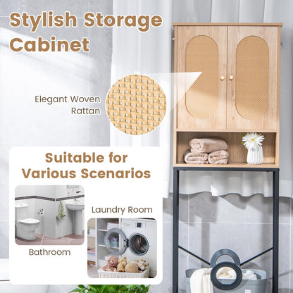 Over The Toilet Freestanding Toilet Storage Cabinet with Rattan Doors