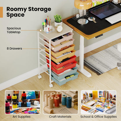 8 Drawers Storage Trolley, Rolling Utility Cart with Wooden Top