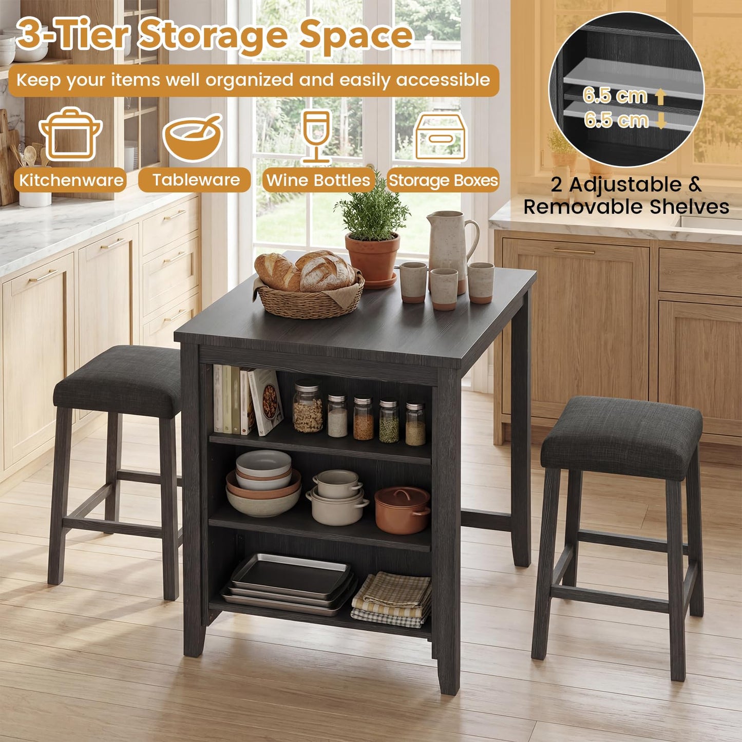 3 Piece Bar Table Set with Power Outlet, Dining Table