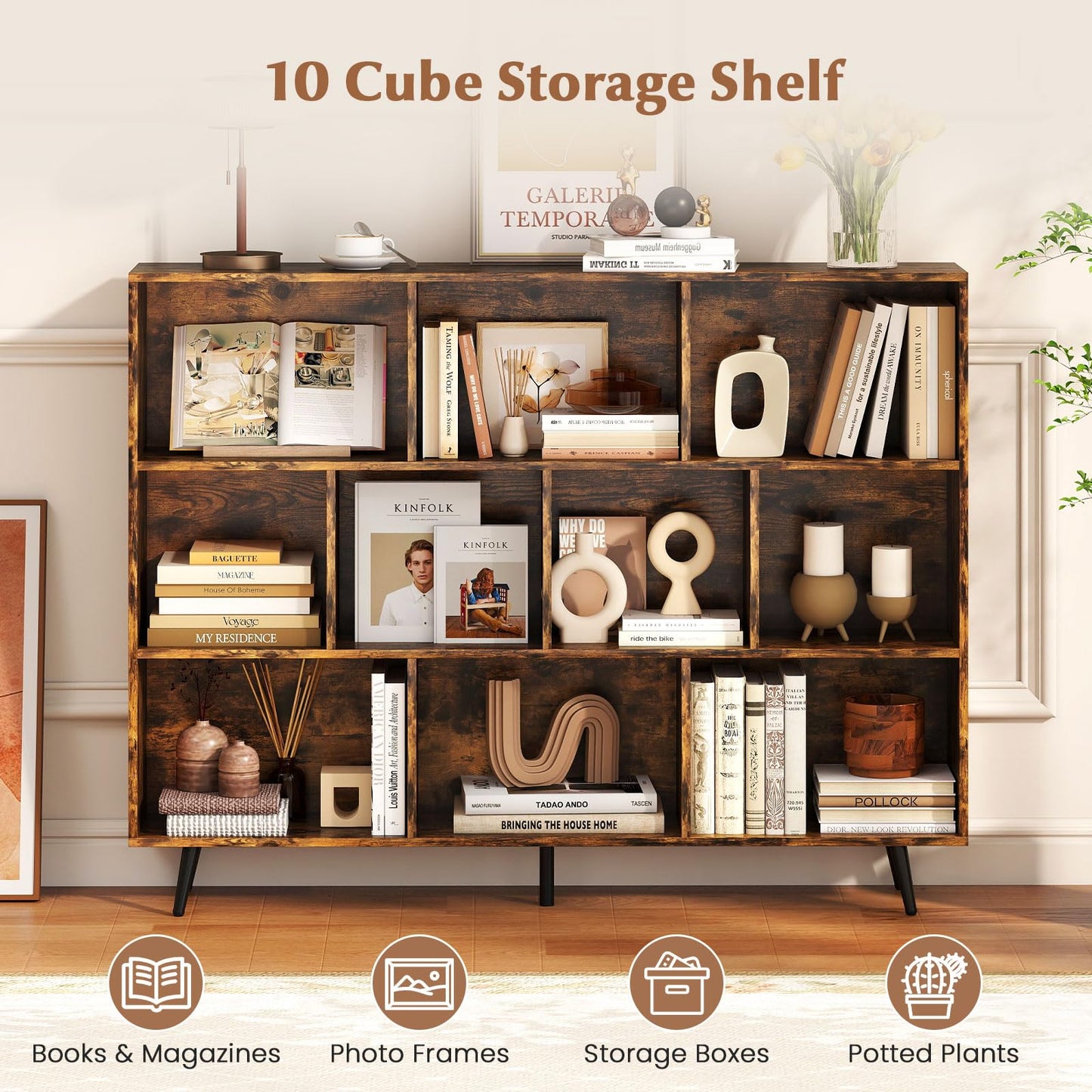 Bookcase 80/100/120/140 CM Storage Organizer with 4/5/5/5 Tapered Metal Legs