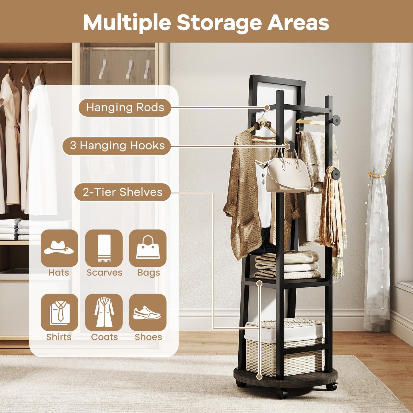 360¡ã Rotating Wood Frame Full Body Floor Mirror with Hanging Hooks