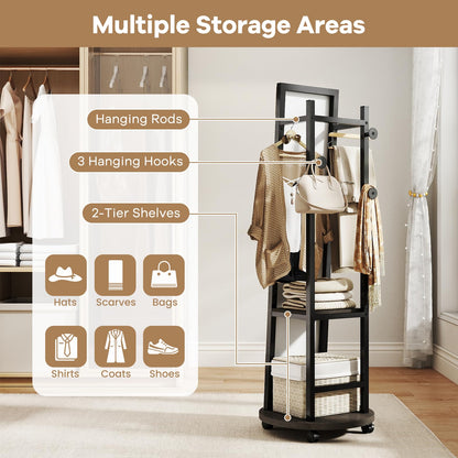 360¡ã Rotating Wood Frame Full Body Floor Mirror with Hanging Hooks