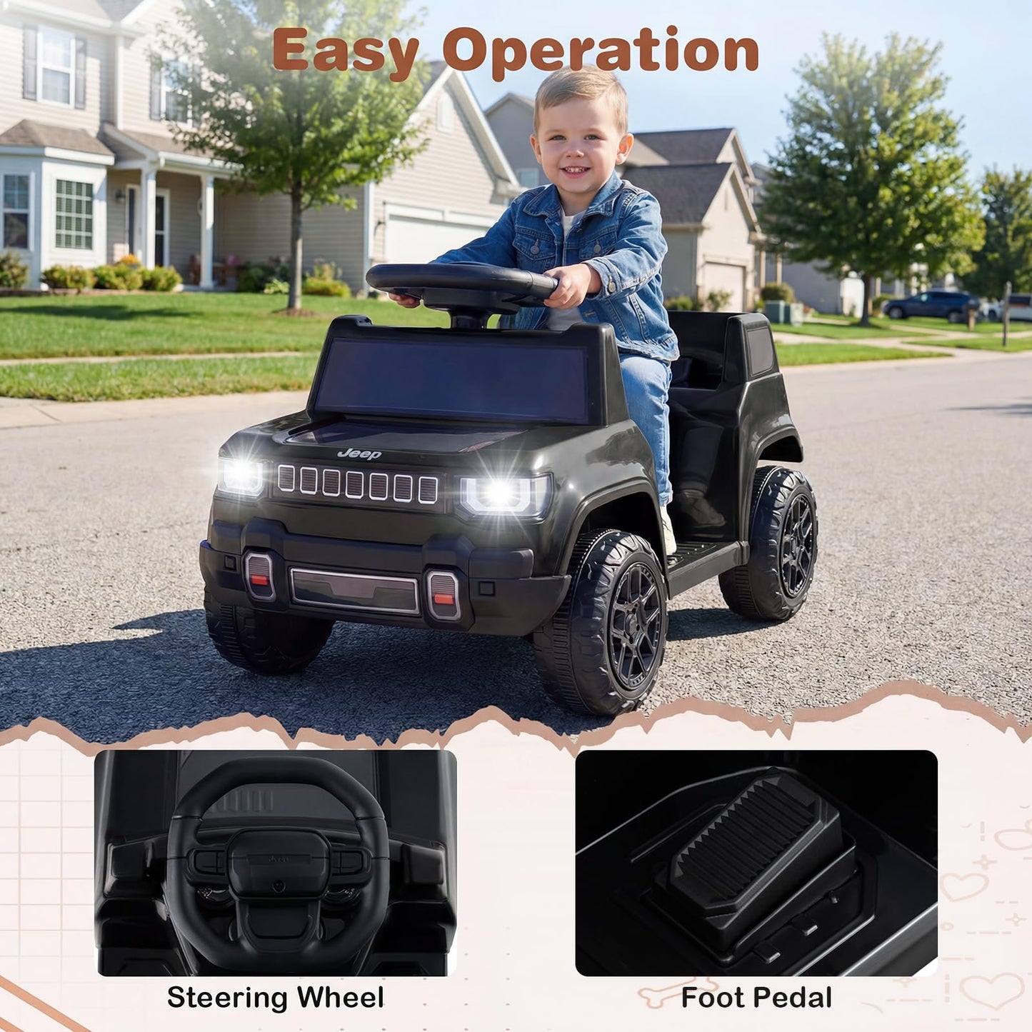 12V Kids Ride on Car, Licensed Jeep Electric Vehicle with LED Lights