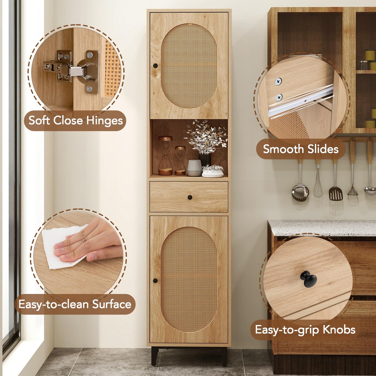 170cm Tall Bathroom Cabinet with 2 Doors and Open Compartment