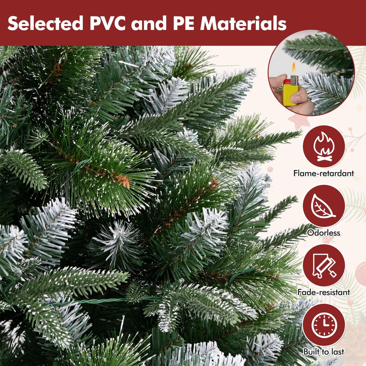 180/150 CM Pre-Lit Artificial Christmas Tree with 856/476 Pine Needles/Flocked PVC/PE Tips