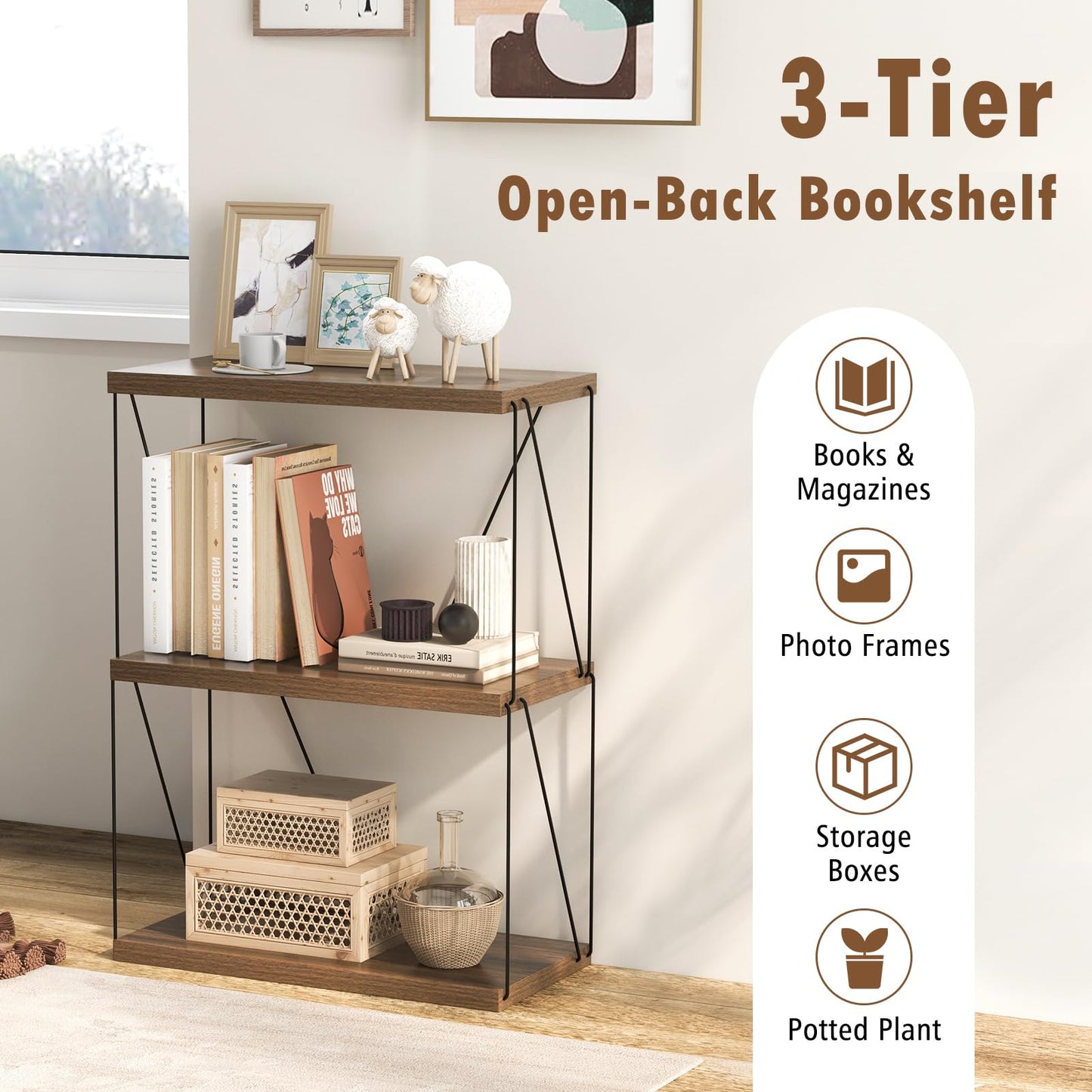 3-Tier Multipurpose Display Rack with Metal Frame for Living Room Home Office