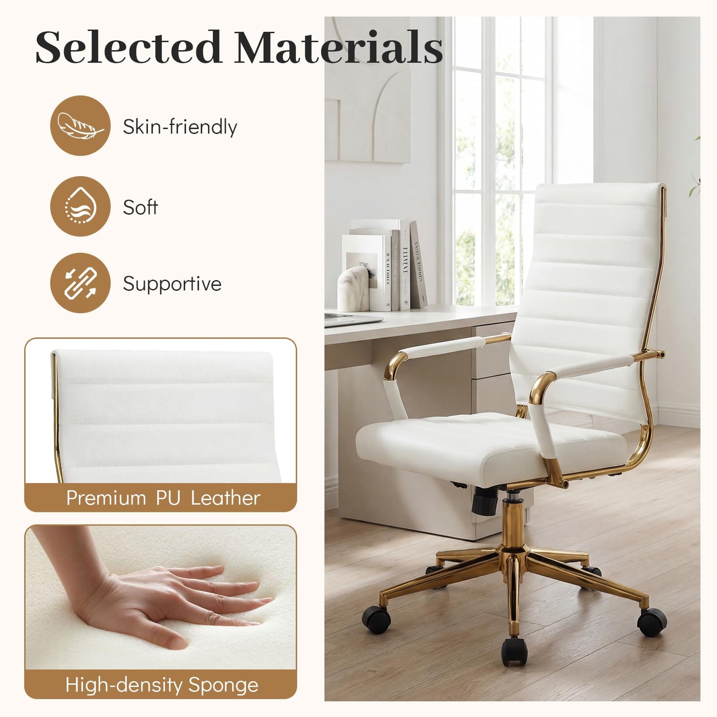 White Gold Office Chair with Ribbed PU Leather & Adjustable Backrest for Indoor