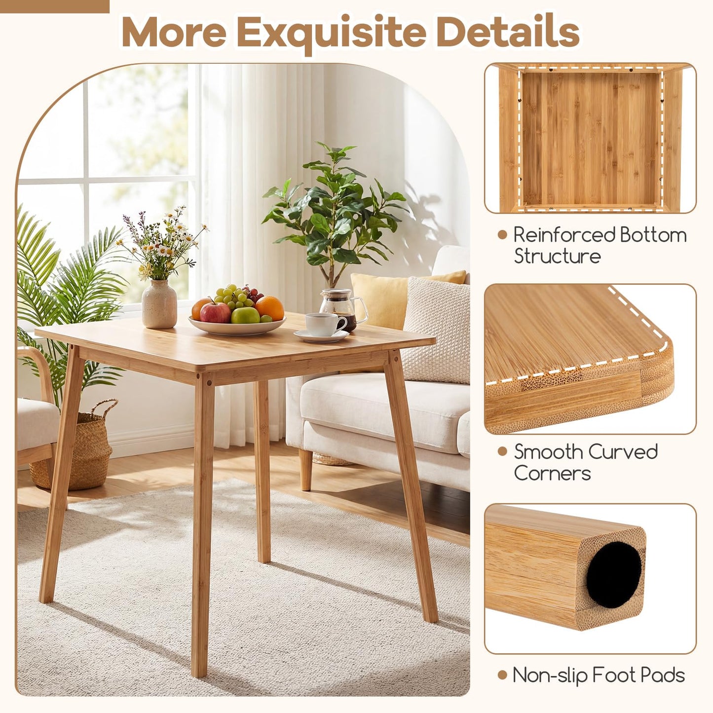 Dining Table for 2-4, Bamboo Square Kitchen Table with Anti-slip Footpads