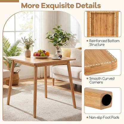 Dining Table for 2-4, Bamboo Square Kitchen Table with Anti-slip Footpads