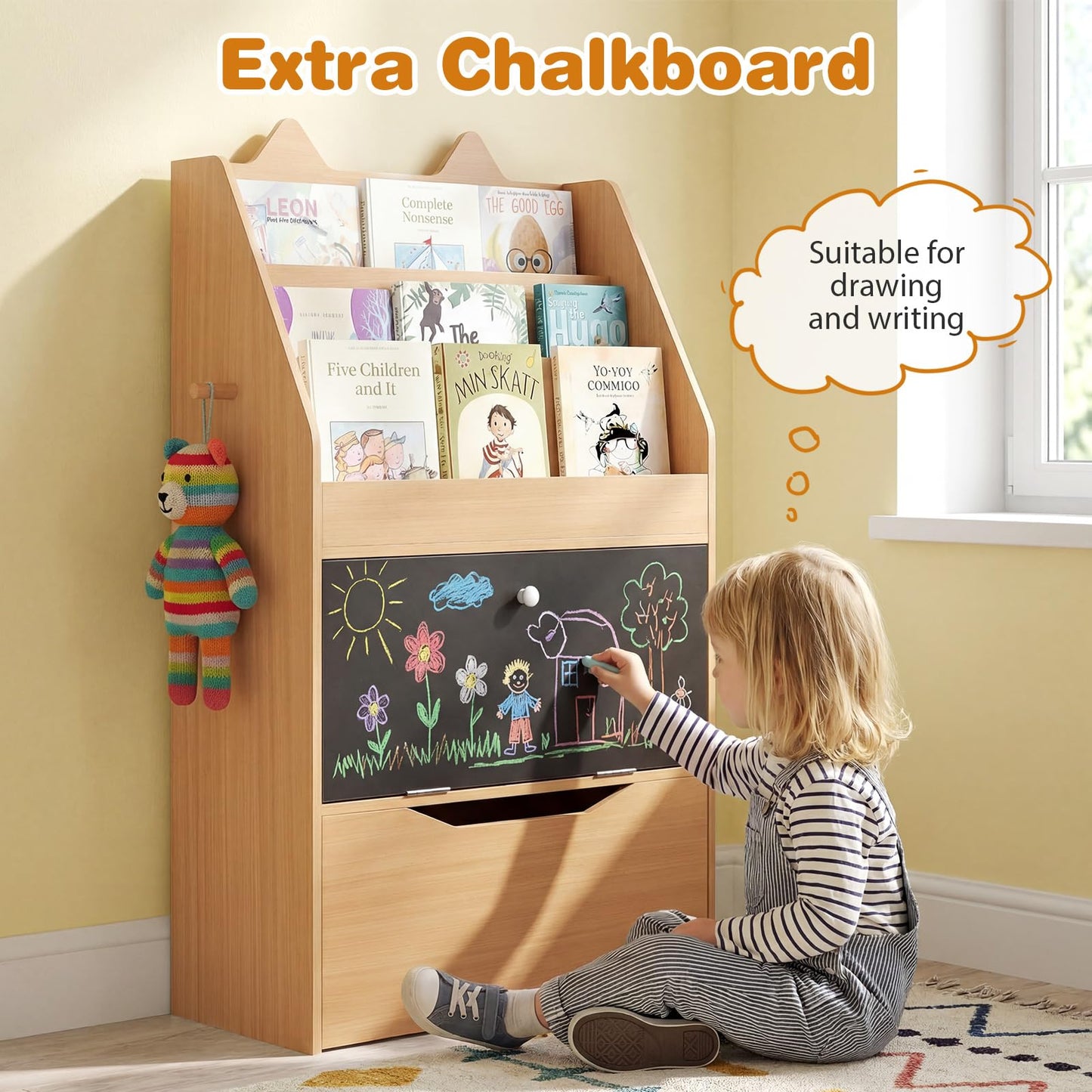 Wooden Kids Bookshelf with Movable Drawer & Chalkboard for Playroom Nursery