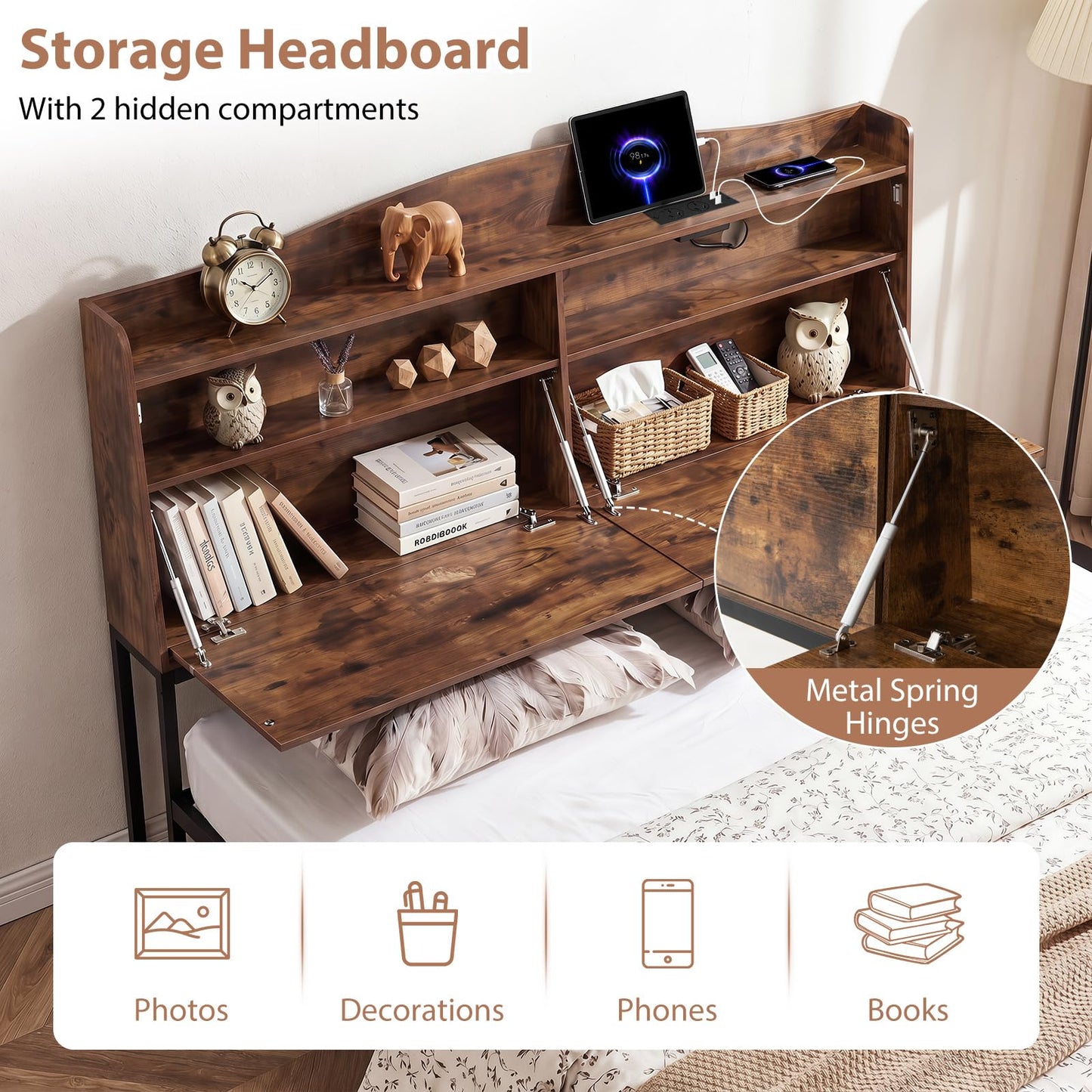 King Size Industrial Metal Platform Bed Frame with Charging Station and Storage Headboard