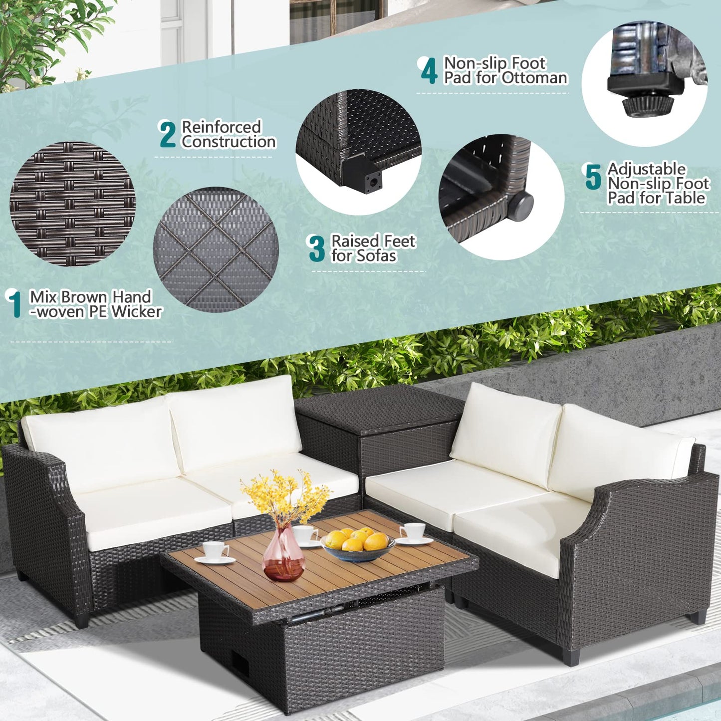 7 Pieces Outdoor Hand-Woven PE Wicker Sectional Conservatory Set with 2 Corner Sofas