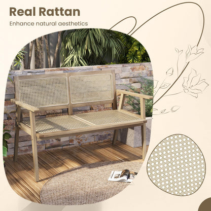 Outdoor Teak Wood Garden Bench with Armrests Rattan Backrest and Seat