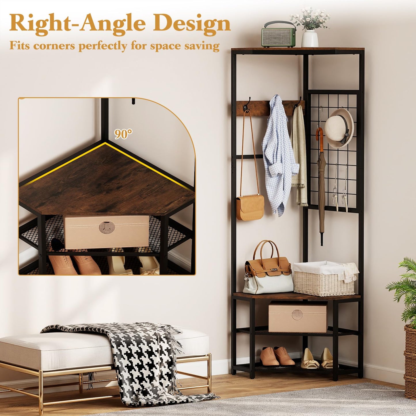 4-in-1 Freestanding Coat Rack with Storage Shelves Removable Hooks and Shoe Racks