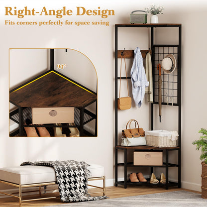 4-in-1 Freestanding Coat Rack with Storage Shelves Removable Hooks and Shoe Racks