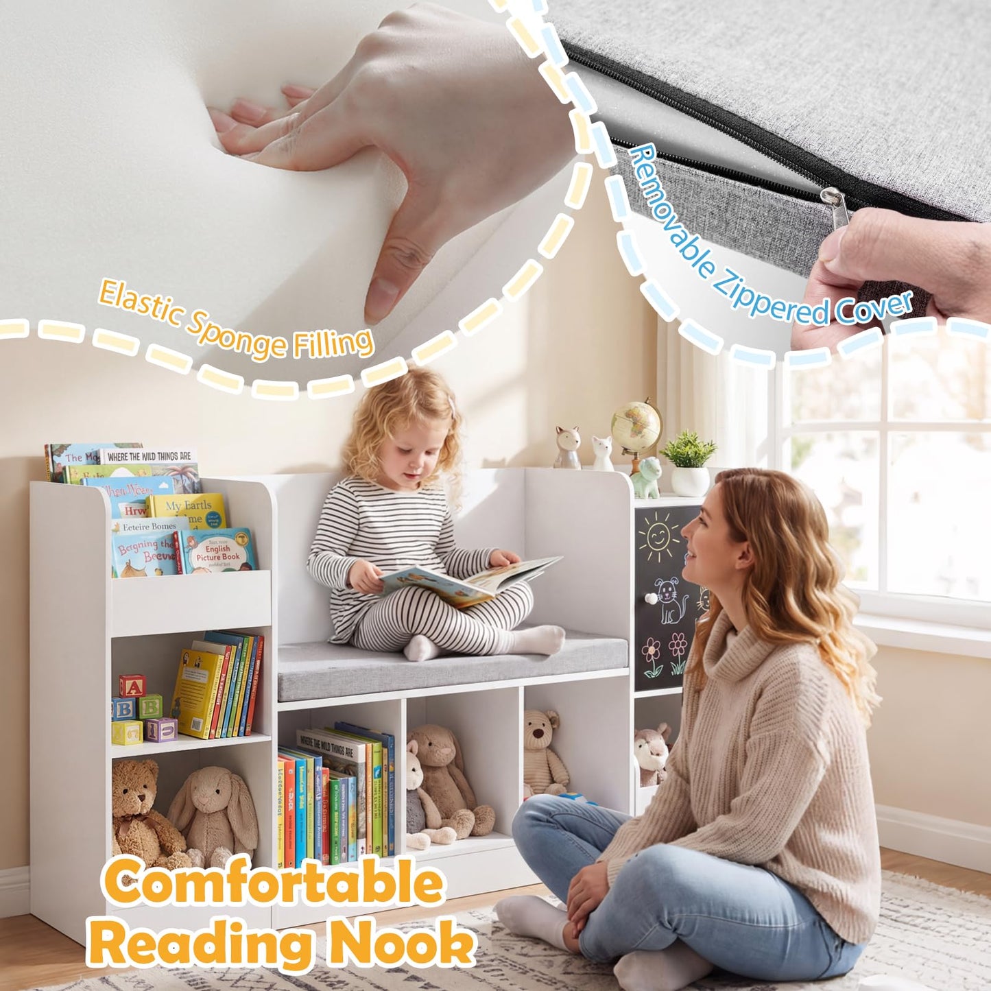 Kids Bookcase and Bookshelf with Reading Nook Toy Storage Organizer with Padded Seat Cushion