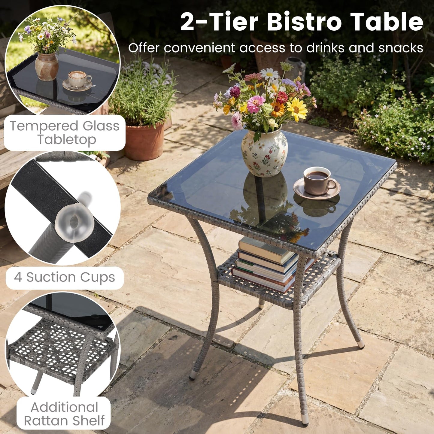 3-Piece Patio Bistro Set, PE Rattan Furniture Set with 2 Cushioned Chairs and Tempered Glass Table
