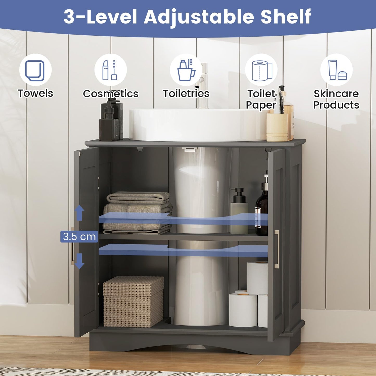 Freestanding Bathroom Floor Cabinet with Double Doors and Adjustable Shelf