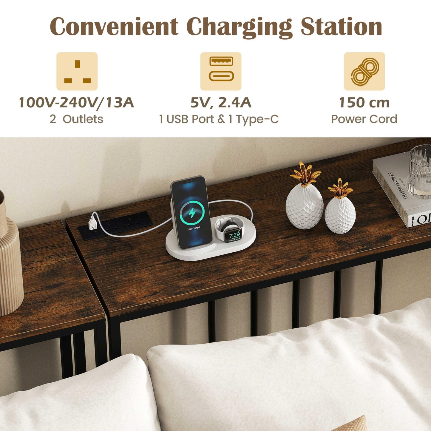 Console Table with Charging Station and Power Outlets for Hallway