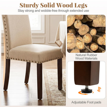 Set of 2 Dining Chairs with High Back, and Solid Rubber Wood Legs