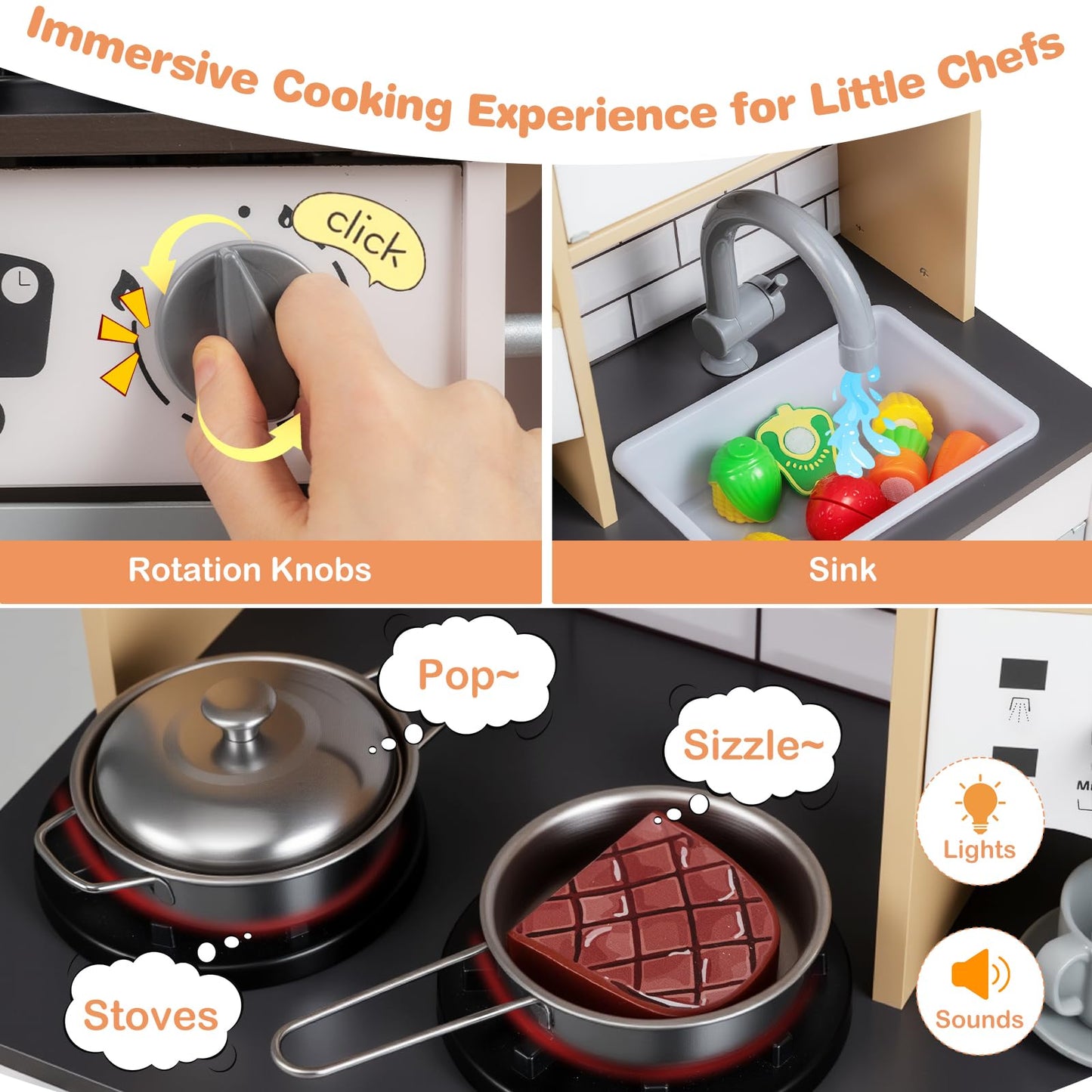 Wooden Kitchen Playset with Sound and Light for Boys Girls