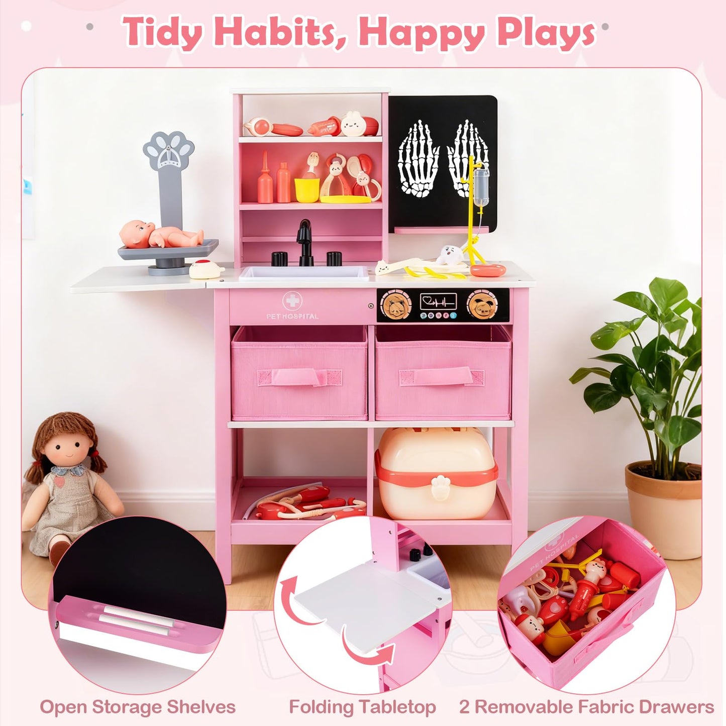Wood Medical Center Toy Set with Blackboard and Pet Scale for Boys Girls