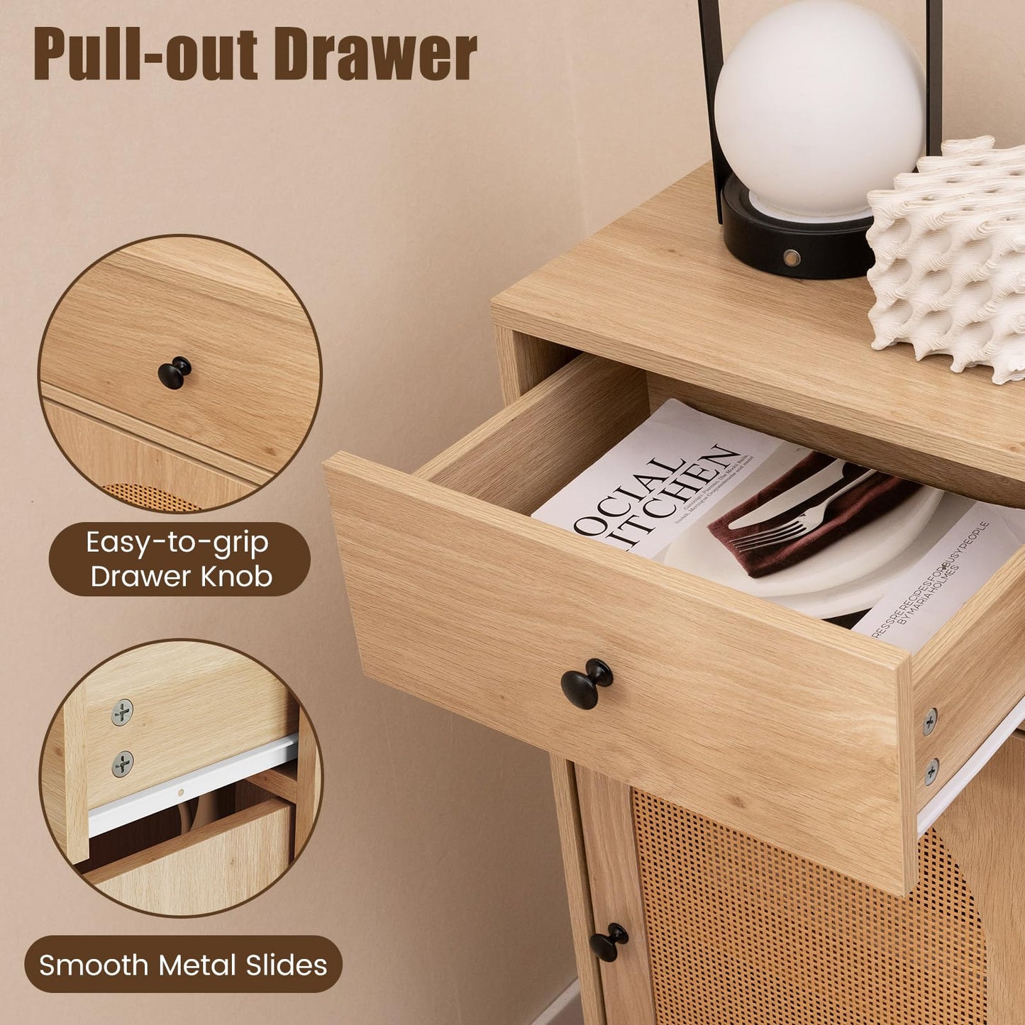 PE Rattan Storage Cabinet with Adjustable Foot Pads and Anti-toppling Kit