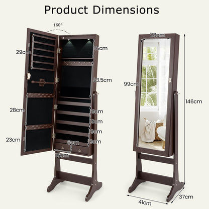 Freestanding Jewelry Armoire Cabinet with Inner LED Lights and 4 Adjustable Tilt Angles