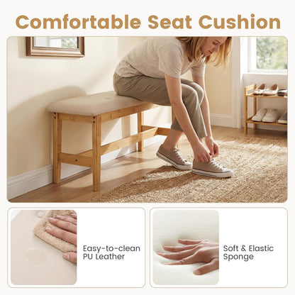 100cm Bamboo End of Bed Bench, Button-Tufted Upholstered Ottoman Shoe Bench