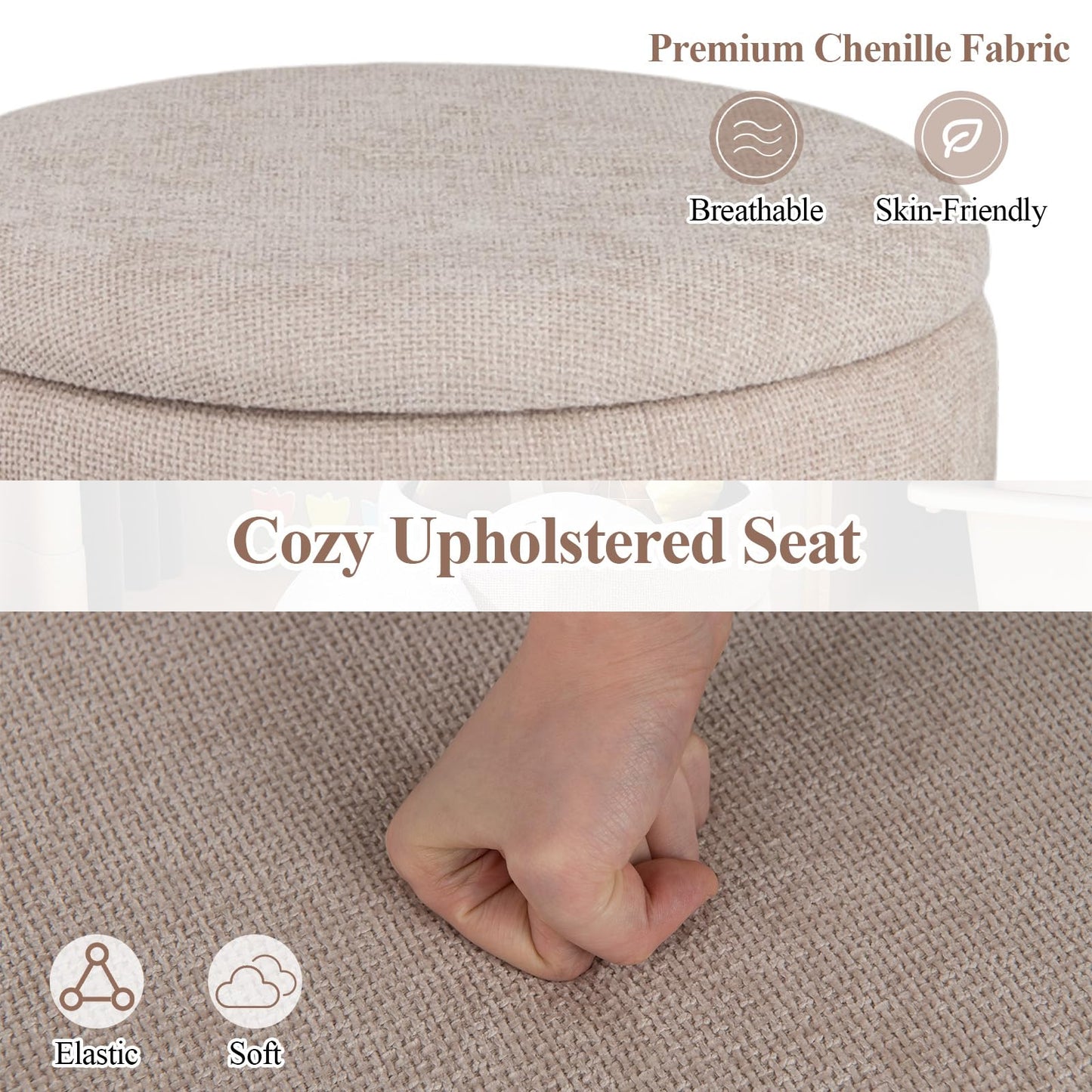 Modern Round Storage Ottoman with Removable Lid and Solid Wood Base