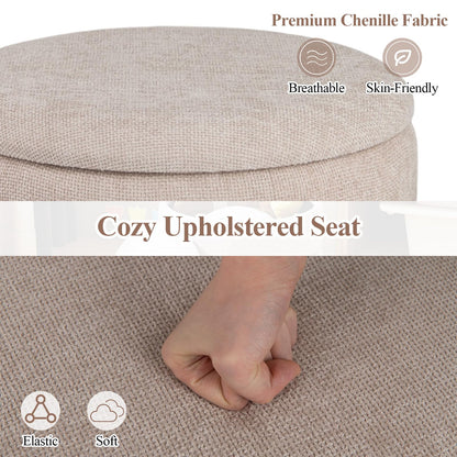 Modern Round Storage Ottoman with Removable Lid and Solid Wood Base