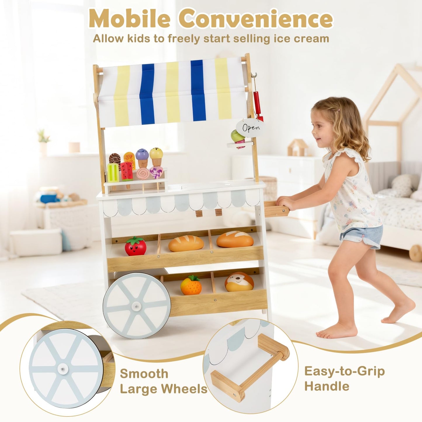 Kids Ice Cream Cart, 2 in 1 Wooden Grocery Store Playset with Display Shelves