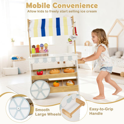 Kids Ice Cream Cart, 2 in 1 Wooden Grocery Store Playset with Display Shelves