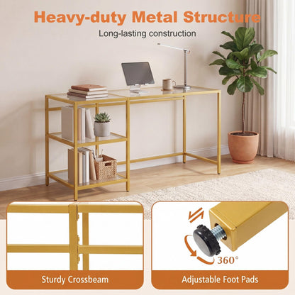 Tempered Glass Computer Desk Modern Office Desk with Open Storage Shelves