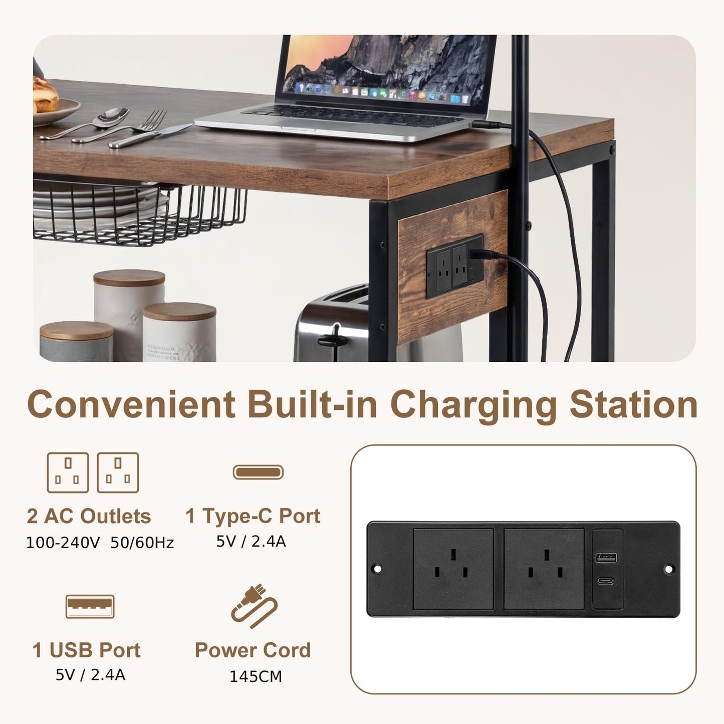 Kitchen Island with Power Outlet, Metal Coffee Bar Table with3 Open Shelves, 6 Hooks & Pull-out Basket, Industrial Bakers Rack Stationary Storage Island for Dining Room,