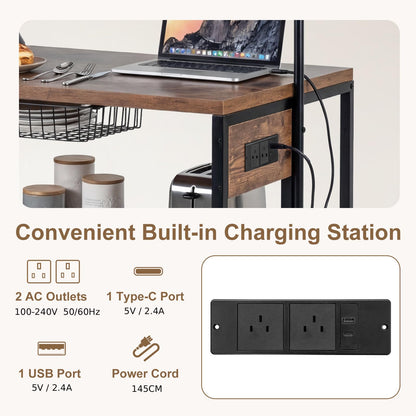 Kitchen Island with Power Outlet, Metal Coffee Bar Table with3 Open Shelves, 6 Hooks & Pull-out Basket, Industrial Bakers Rack Stationary Storage Island for Dining Room,