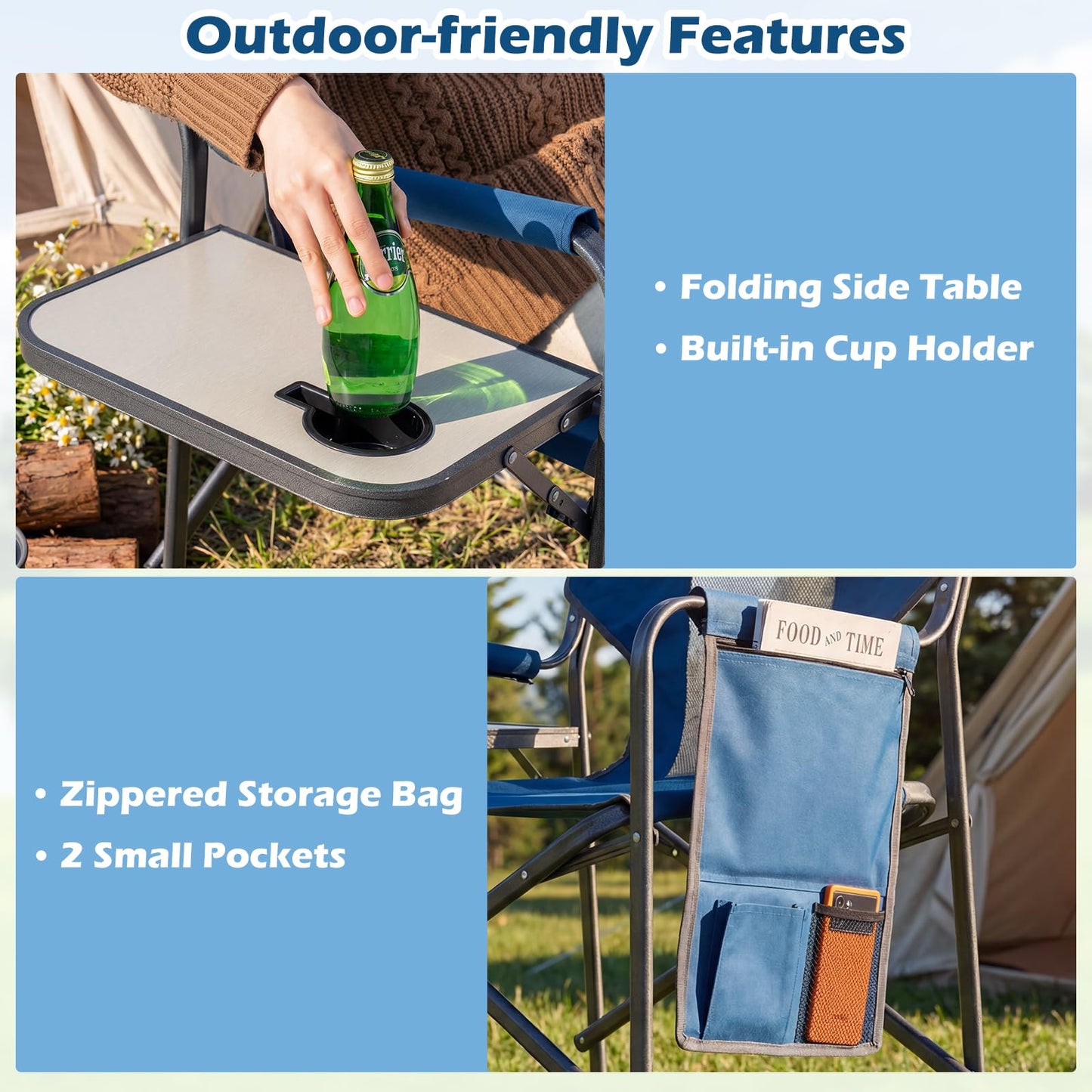 Folding Directors Chair, Oversized Camping Chairs with Side Table and Cup Holder