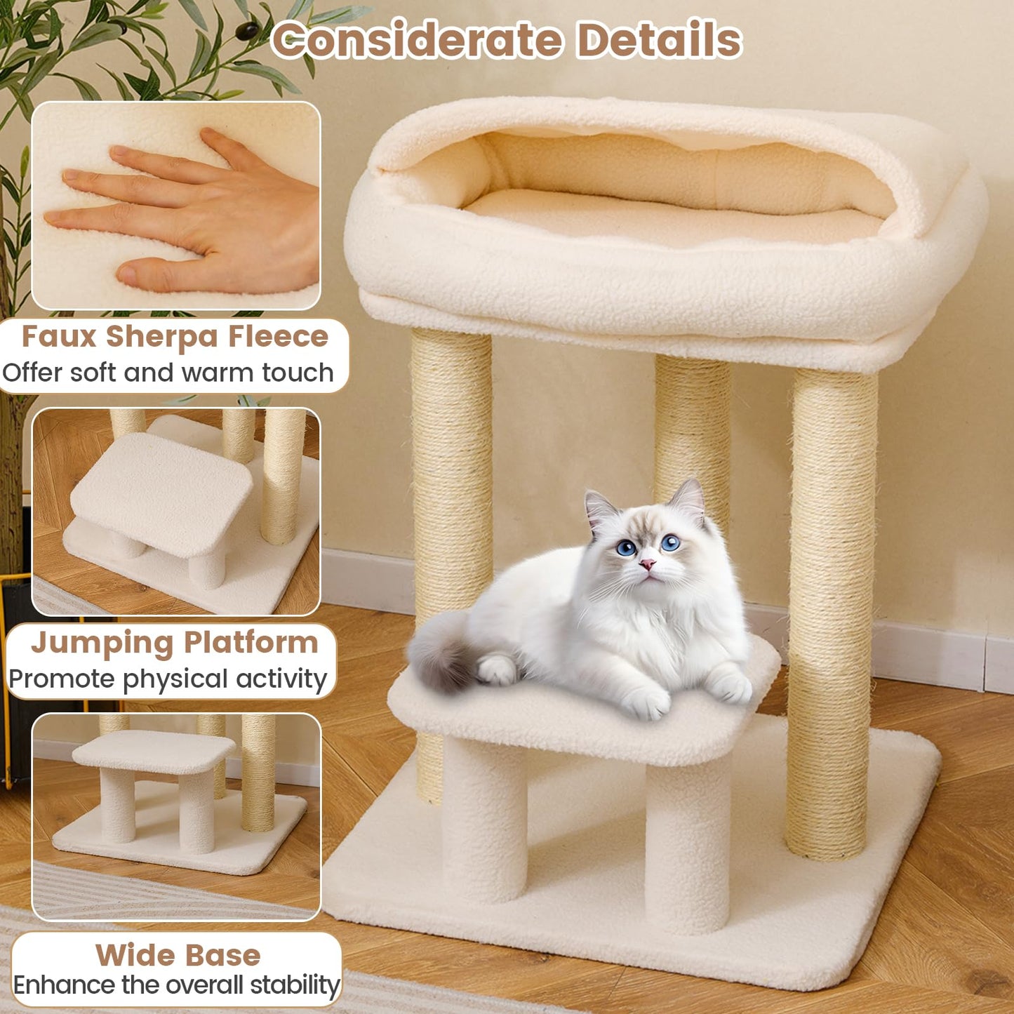 Cat Tree, 61cm Comfy Plush Top Perch Bed, Sisal Scratching Posts